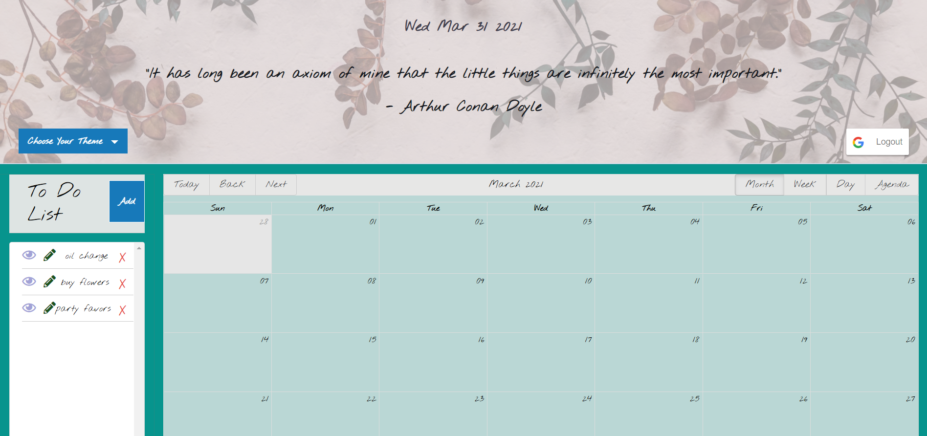 screenshot of a webpage from everything's website: a header with date and quote; a to do list to the left hand side and a calendar in the center