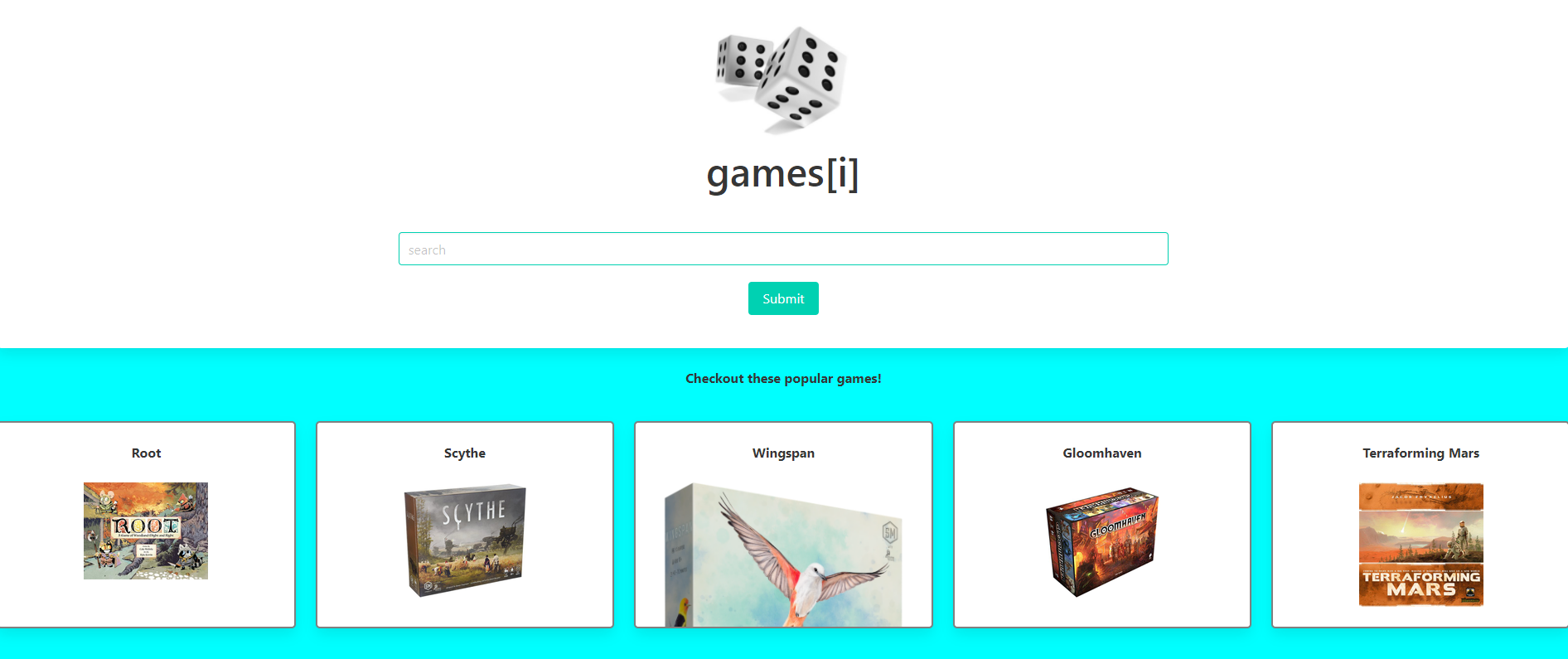 screenshot of games index homepage: a pair of dice are centered with a search bar below; five different board games are listed as suggestions